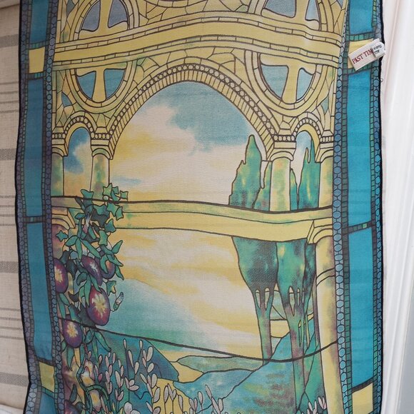 'PAST TIMES' Oblong Scarf 100% Silk Stained Glass, Iris, Morning Glory, etc - Picture 2 of 12